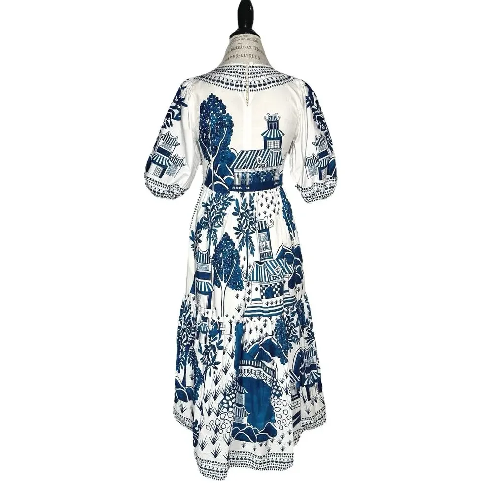 FARM Rio | Women | Ancient Garden Blue White Cotton Poplin Midi Dress | Size XS